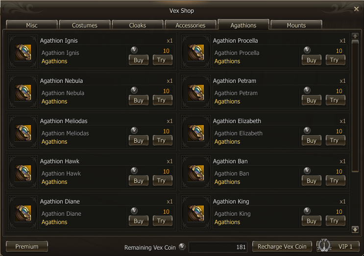 L2Vex Vex Shop agathions selection