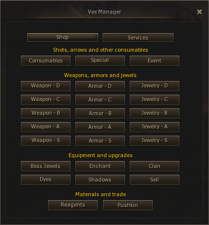Ludina Vex Manager shop menu