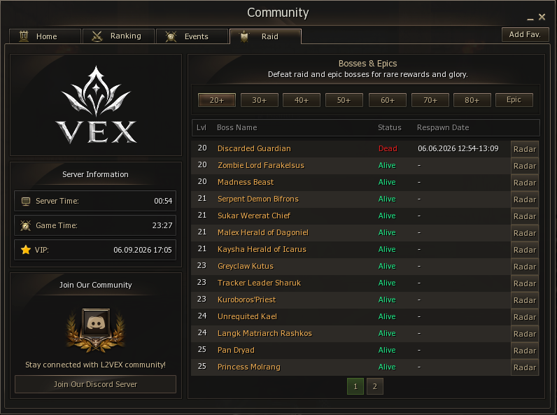 L2Vex Community Board raid boss status